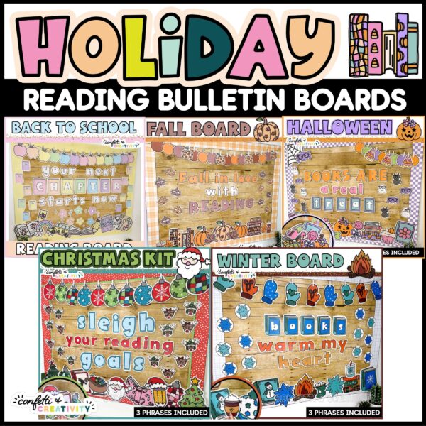 A preview photo of the holiday reading bulletin board board. Features many different holidays like Fall, Back to School, Halloween, and many more!