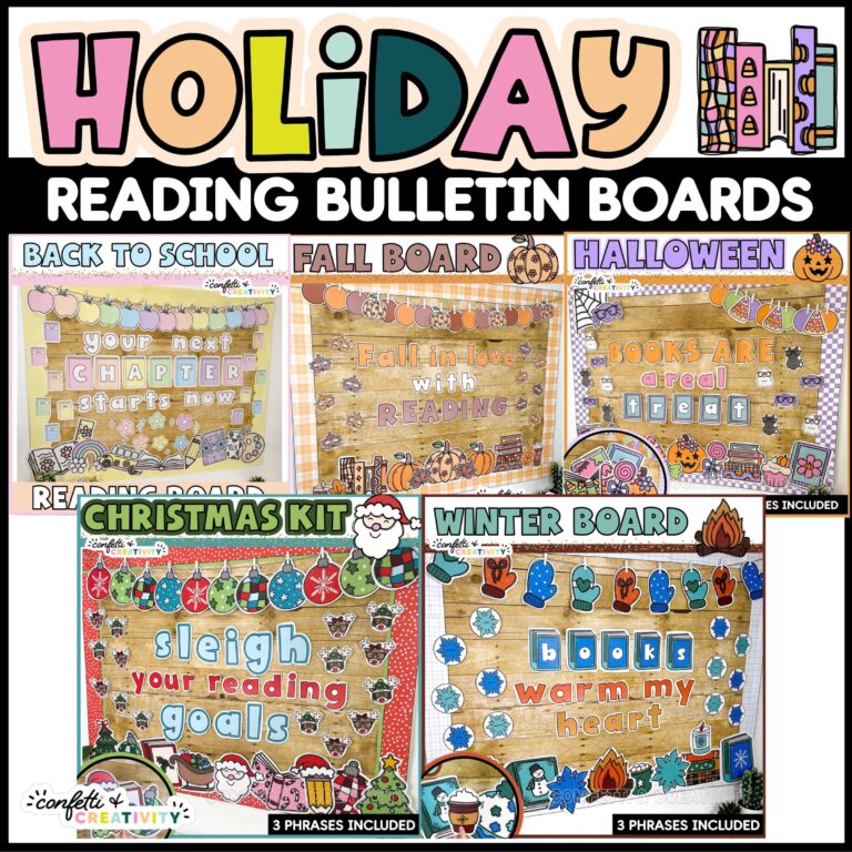 A preview photo of the holiday reading bulletin board board. Features many different holidays like Fall, Back to School, Halloween, and many more!