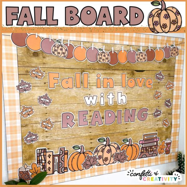 Fall Reading Bulletin Board - "Fall in Love With Reading" A preview photo for a Fall bulletin board that is reading focused. The phase on the board is "Fall in love with Reading". Includes warm Autumn colors and leafy clipart.