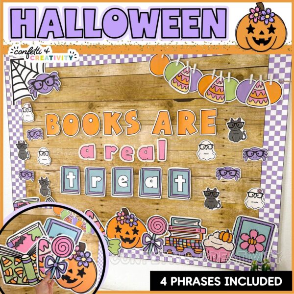 Halloween Reading Bulletin Board - "Fall in Love With Reading" A preview photo for a Halloween bulletin board that is reading focused. The phase on the board is "Book Are a Real Treat". Includes a Halloween color palette with purples and oranges along with cute clipart.