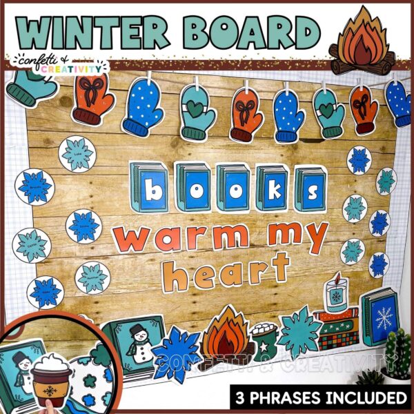 Winter Reading Bulletin Board - "Books Warm My Heart" A preview photo for a Winter bulletin board that is reading focused. The phase on the board is "Books Warm My Heart". Includes a beautiful warm color palette with the theme of fire and camping.