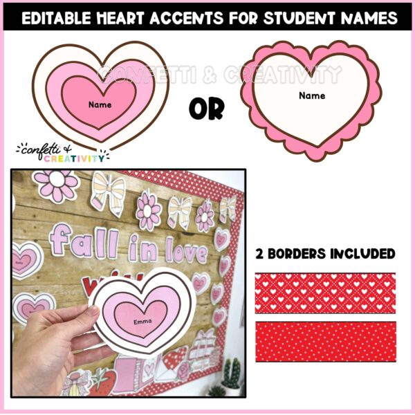 Valentine's Day Reading Bulletin Board - Student Name Options Shows 2 different editable hearts that allow teachers to add student names to the bulletin board