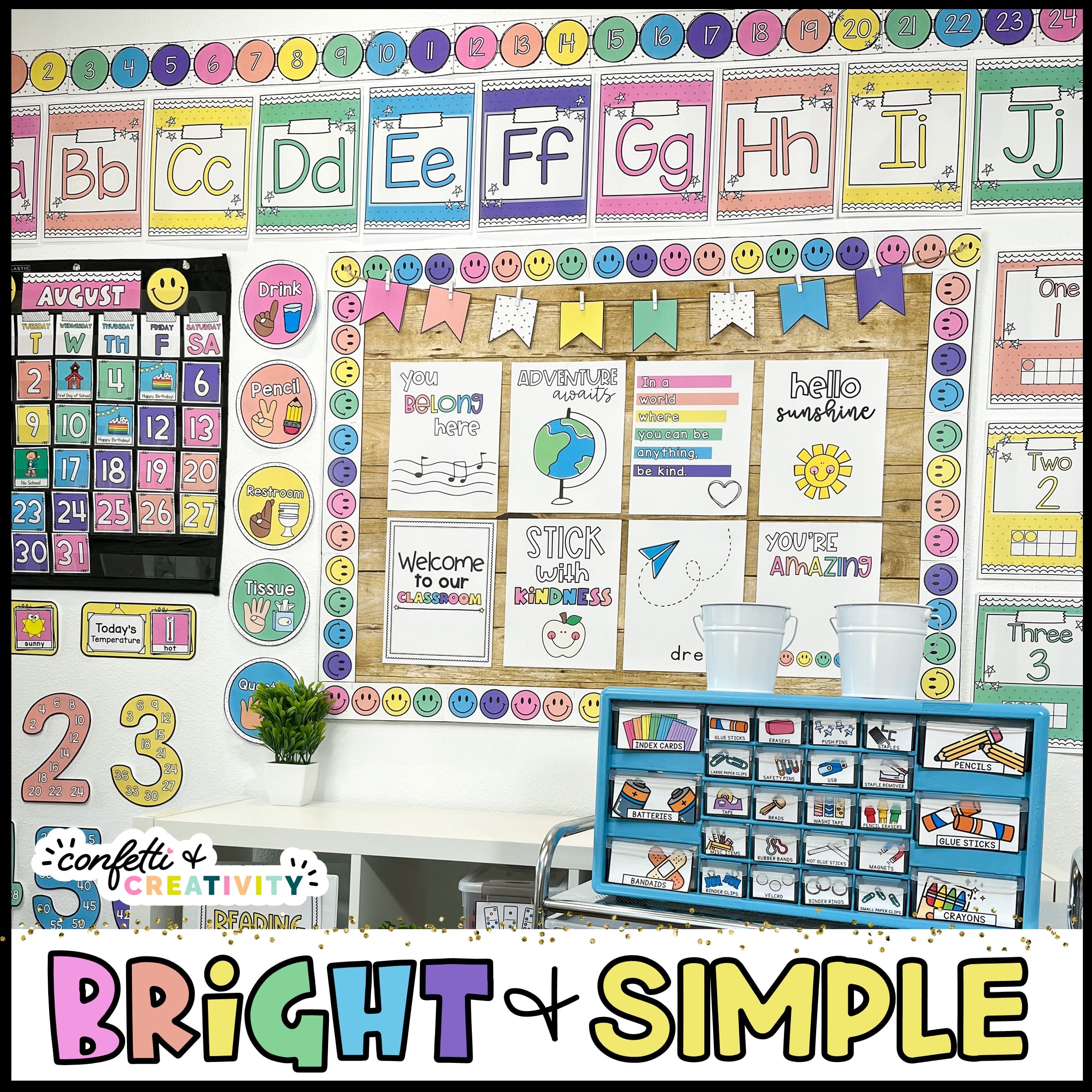 Shows a full classroom decorated with the bright and simple classroom theme. Features bright colors on items such as the bulletin board, teacher toolbox, alphabet posters, and so much more!