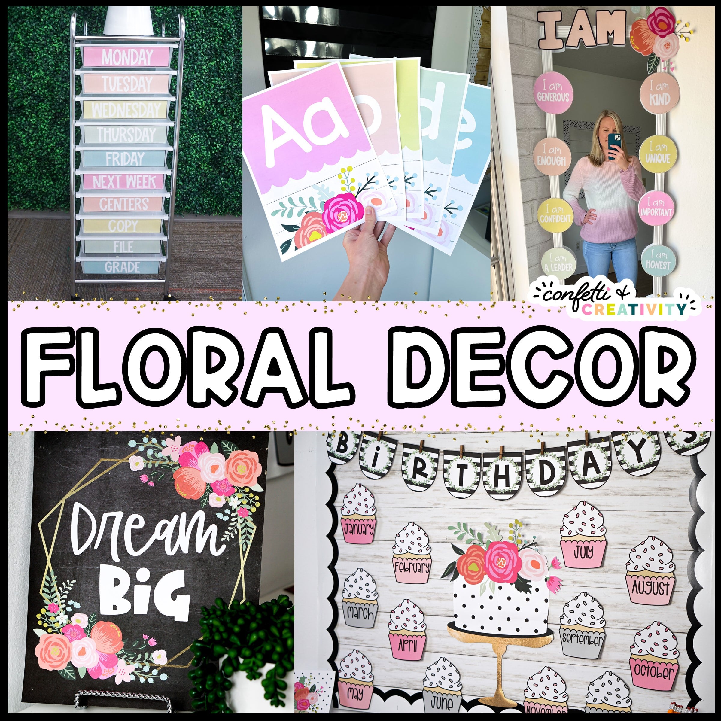 Shows the beautiful color palette of the floral classroom theme. Includes things such as the birthday board, 10 drawer cart, alphabet posters, affirmation station and a motivational poster. All items include beautiful florals set up in a real classroom.