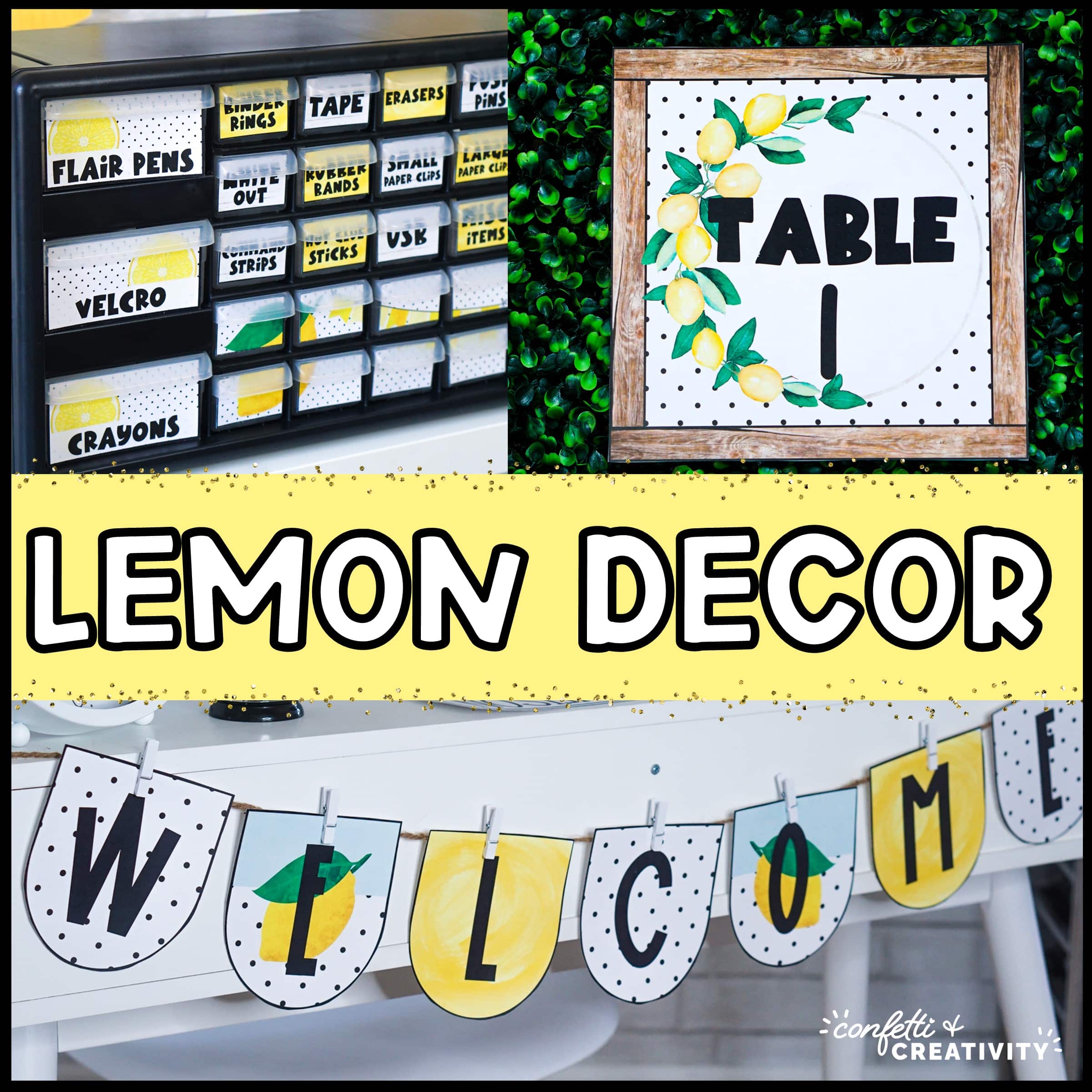 Shows the lemon classroom theme design featuring bright yellow colors. The images included in this cover photo are a welcome banner, teacher toolbox, and table numbers. Each item includes lemons, and touches of farmhouse warmth