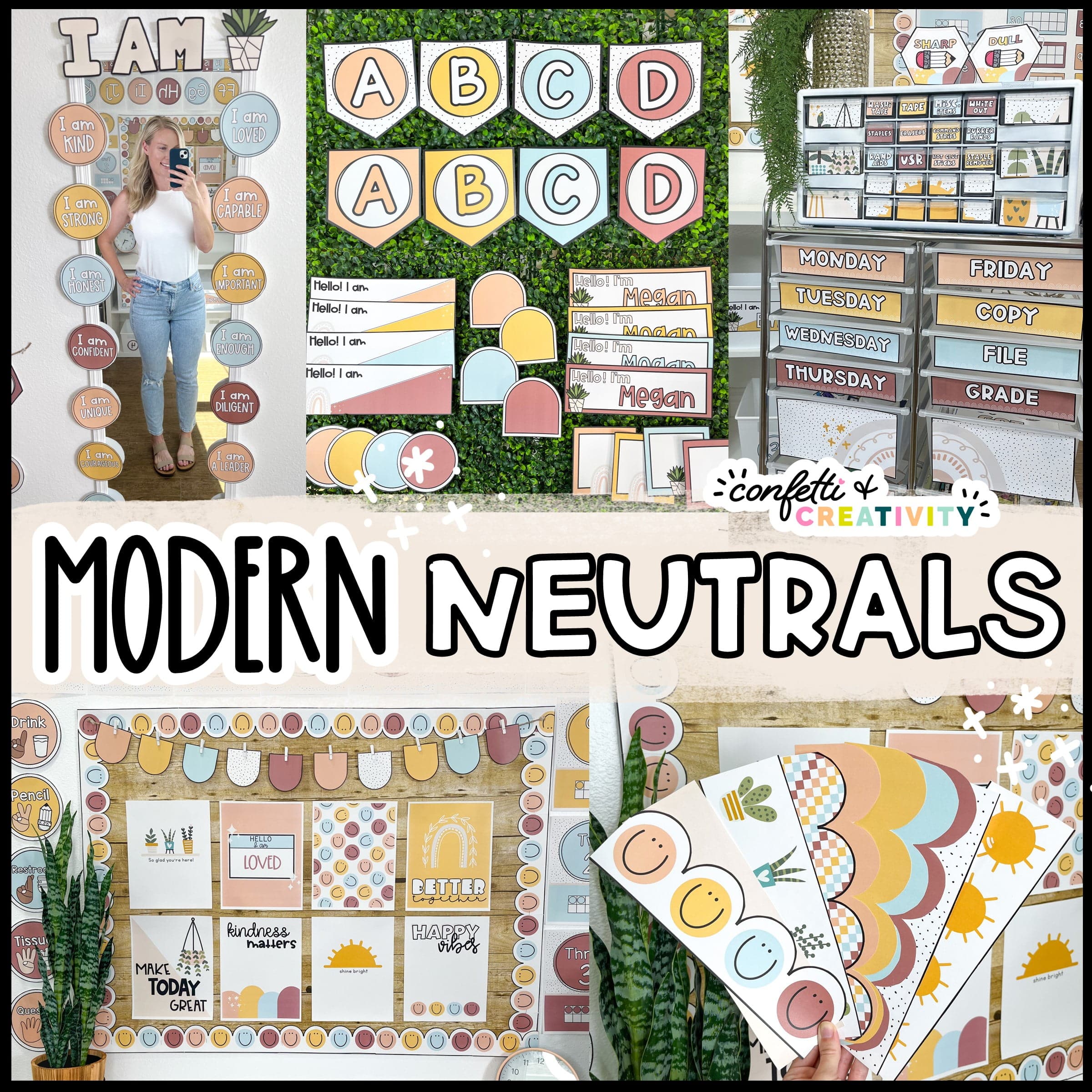 Shows the modern neutral classroom theme with example photos. Includes the 12 drawer cart labels, printable bulletin board borders, motivational posters on a bulletin board, affirmation mirror and alphabet banners and desk name plates. All of these items have a modern neutral color palette and features like smiley faces.