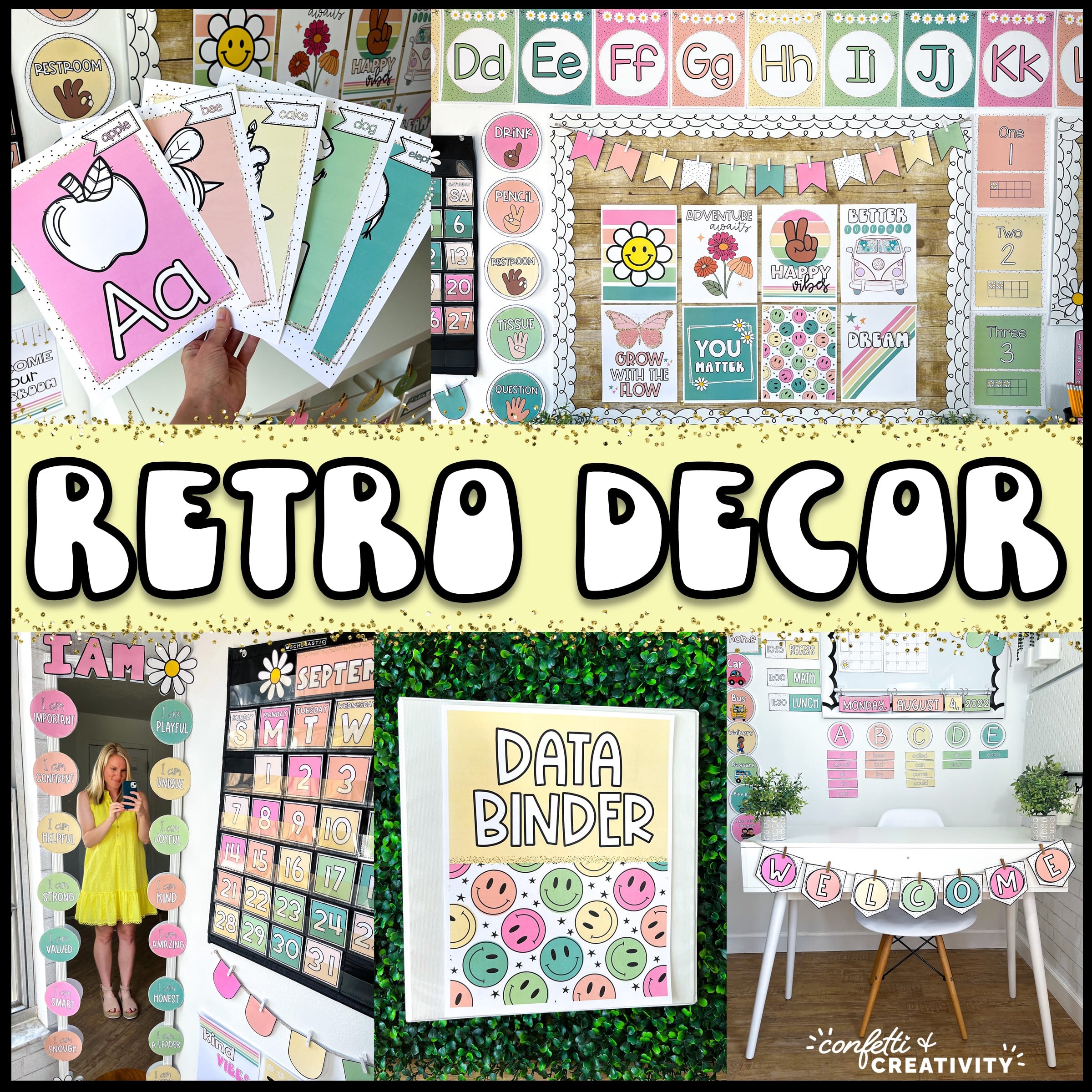 Shows pictures from the retro classroom theme. Includes pictures of things like the binder covers, motivational posters, affirmation mirror, and alphabet posters. Features a colorful muted color palette