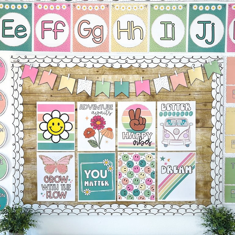 Real Classroom decorated with the pastel classroom theme including motivational posters, alphabet set, and so much more!