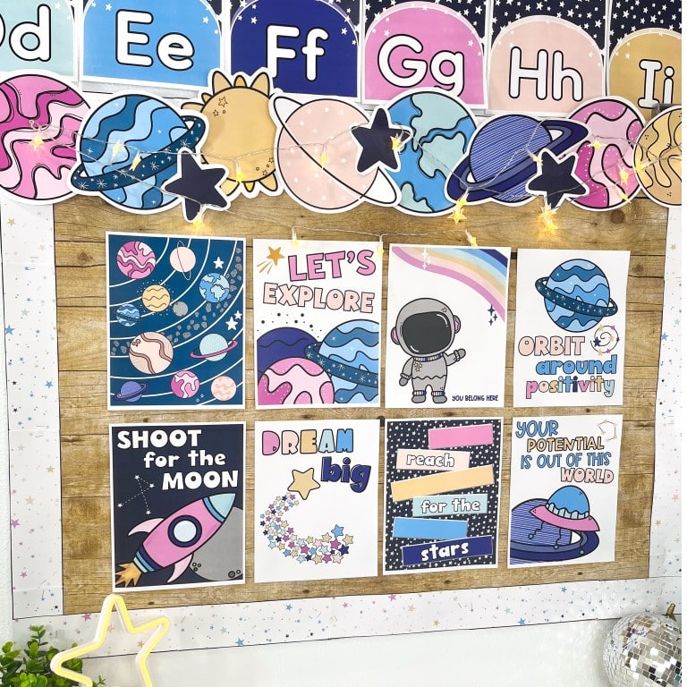 Bulletin Board Decorated with the Space Classroom Theme motivational posters, planet banner, and alphabet posters