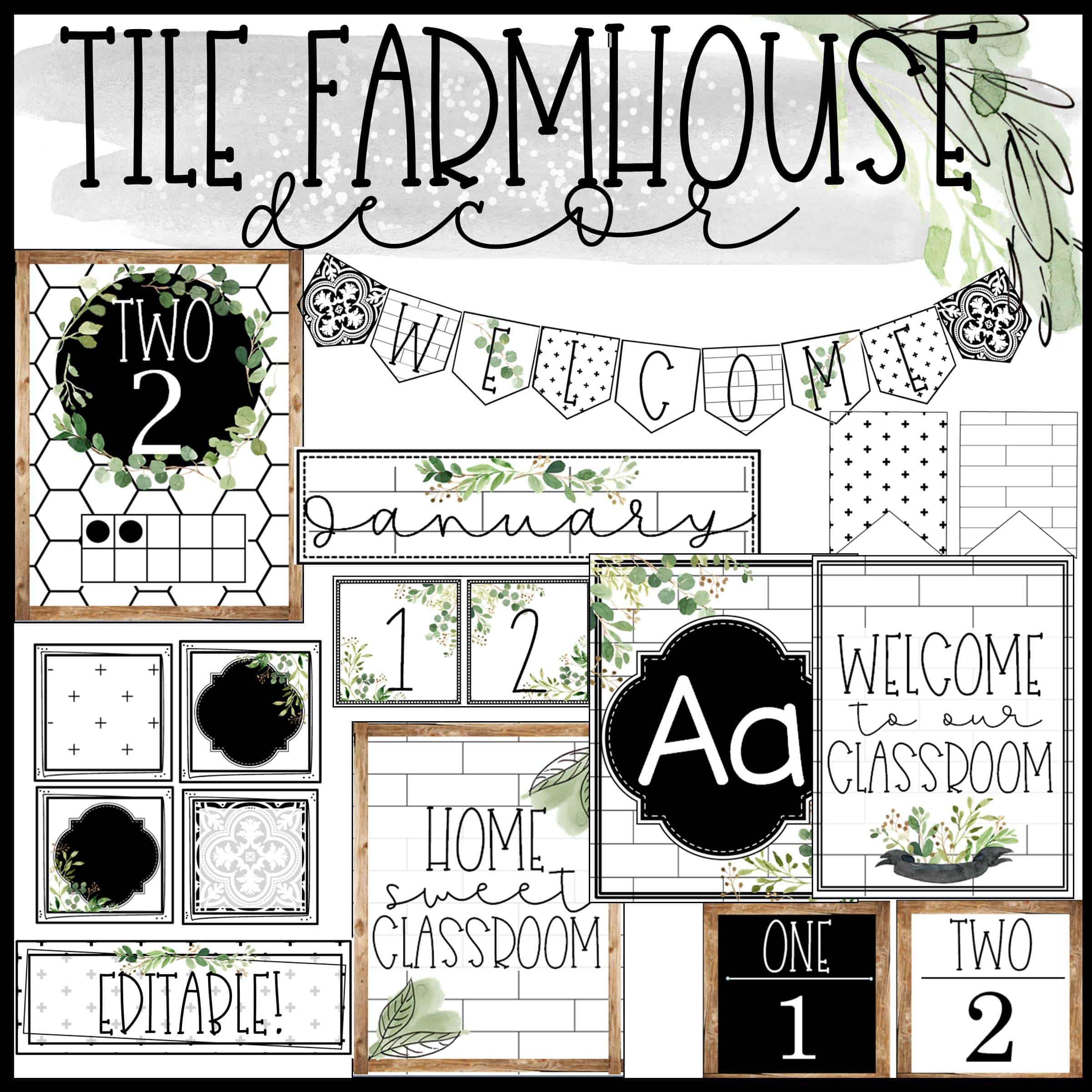 Shows the Tile Farmhouse classroom theme elements. Examples include table numbers, alphabet posters, and labels. All designs includes tile patterns, and farmhouse greenery.