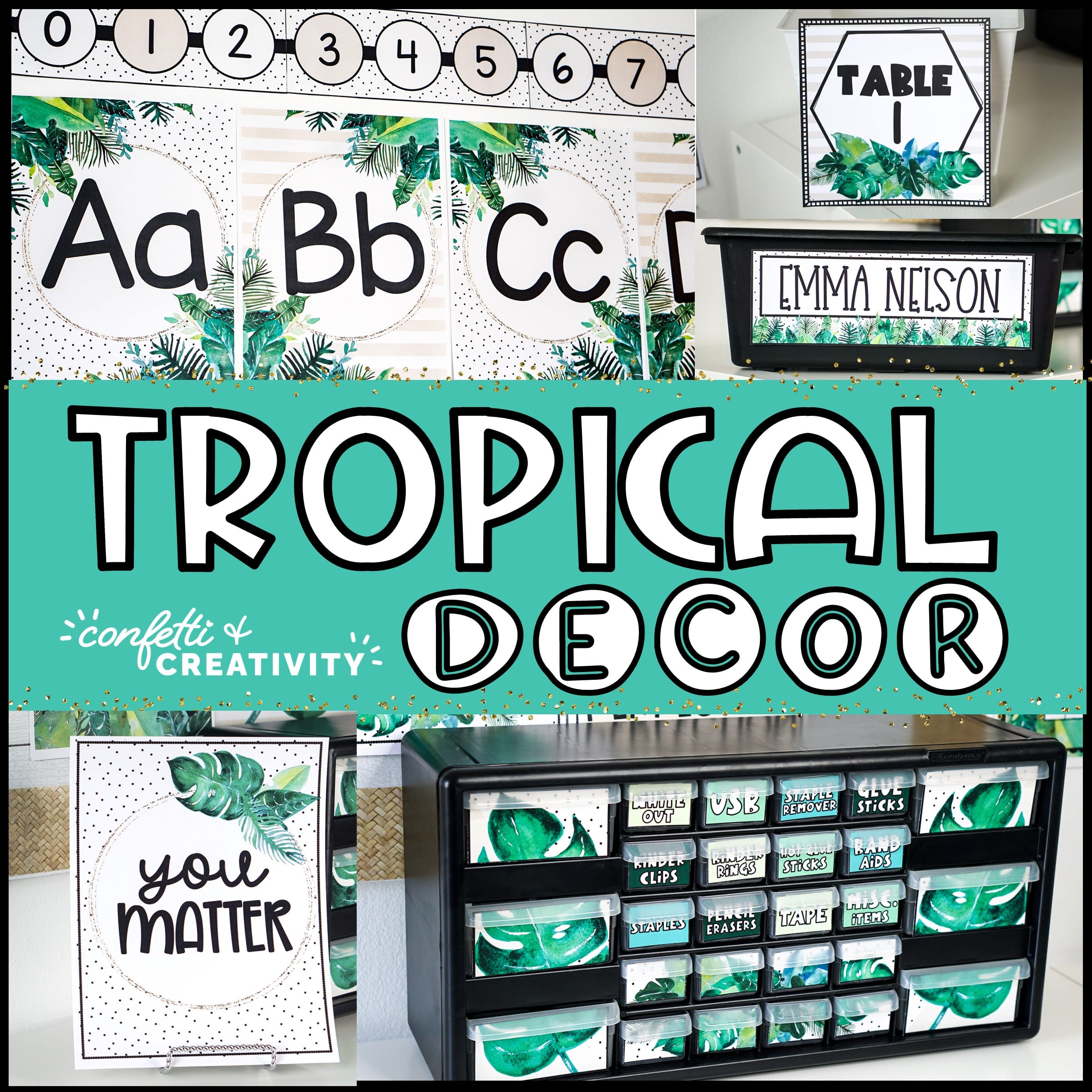 Shows the torpical classroom theme set up in a real classroom. Examples include the teacher toolbox, motivational posters, and alphabet posters so teachers can give their classroom a tropical vibe.