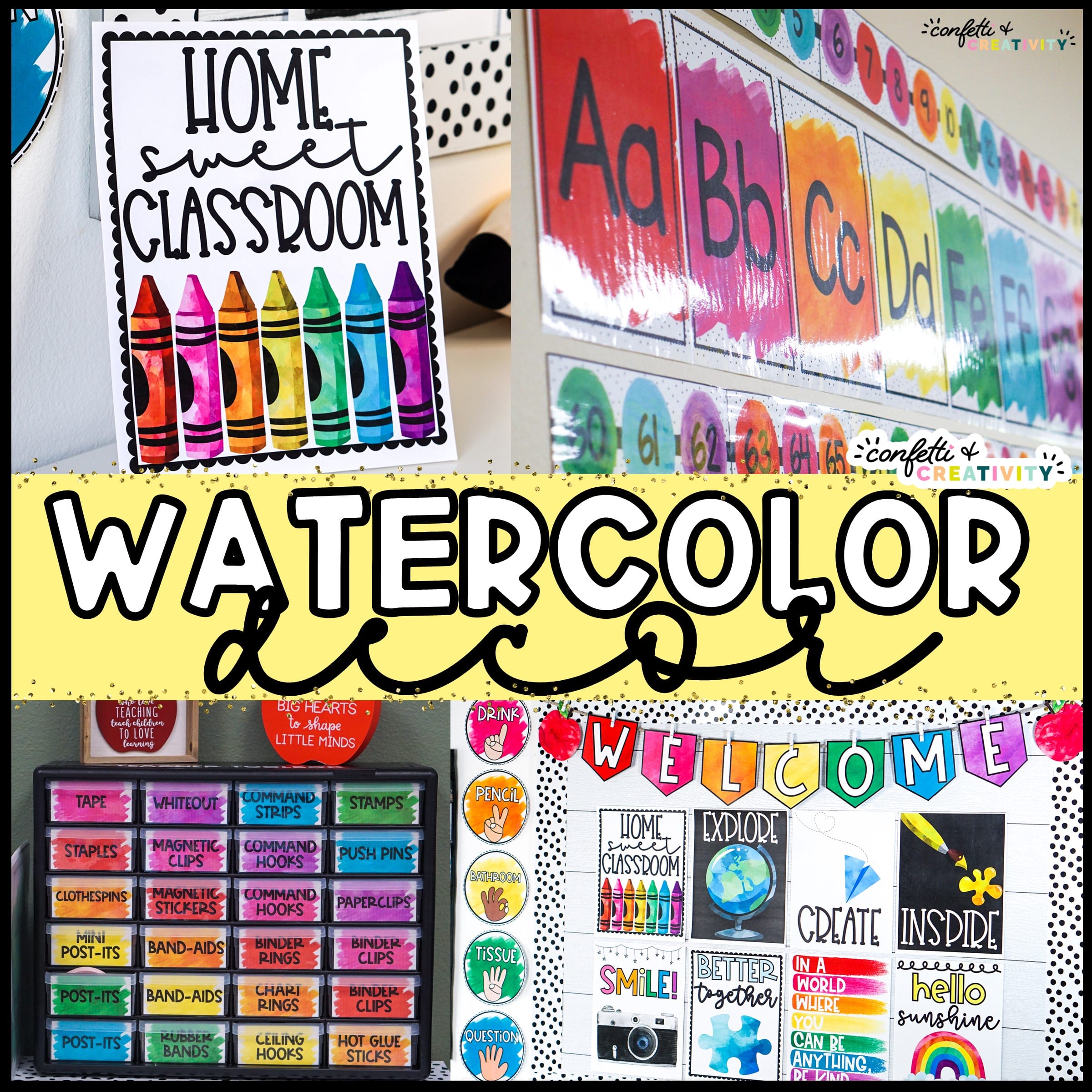 Shows different pictures from the watercolor classroom theme. Features pictures of a motivational poster that says "Home Sweet Classroom" as well as a teacher toolbox, alphabet posters, and so much more! The color palette shown is an elementary friendly rainbow color set.