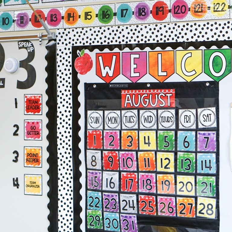 Calendar, welcome banner, and Number Line from the Watercolor Classroom Theme