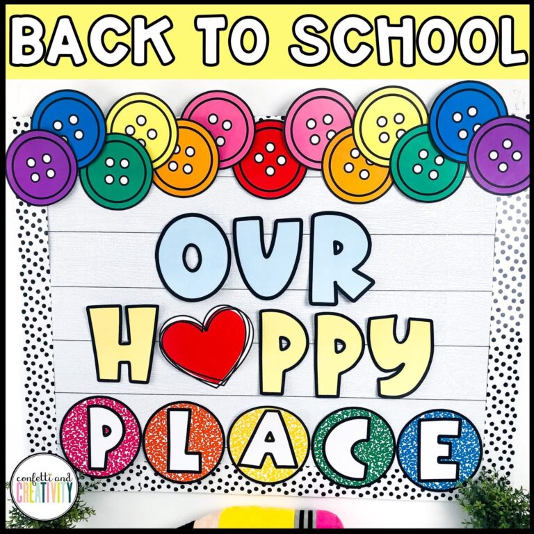 Shows a brightly colored bulletin board that says "Our Happy Place". Perfect for a teacher to set up for their August bulletin board to welcome back students and make them feel loved