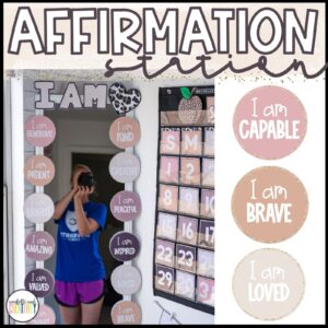 Shows Megan taking a picture in an affirmation mirror in a real classroom. The mirror features affirmations on the sides of the mirror with the phrases "I am" and "You Are" to help a teacher create a positive self-image