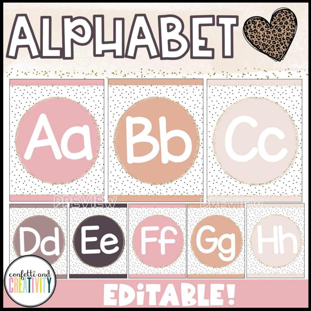 Shows the alphabet posters from the boho neutral classroom theme set up on a green grass panel. Features light pinks, oranges, and tans to help a teacher set up a neutral classroom vibe