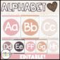 Shows the alphabet posters from the boho neutral classroom theme set up on a green grass panel. Features light pinks, oranges, and tans to help a teacher set up a neutral classroom vibe