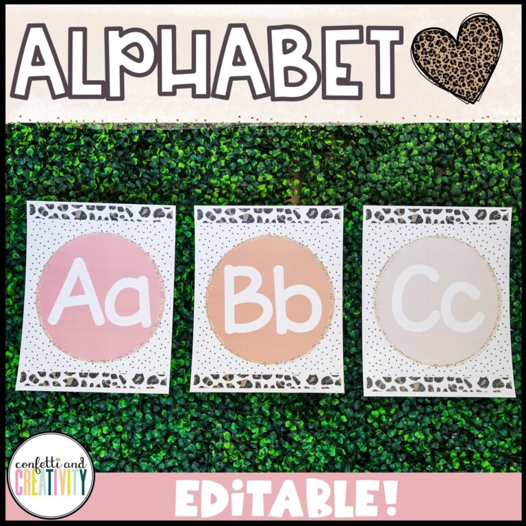 Shows the alphabet posters from the boho neutral classroom theme set up on a green grass panel. Features light pinks, oranges, and tans to help a teacher set up a neutral classroom vibe