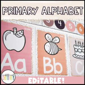 Shows examples of the alphabet posters with pictures on a classroom wall. Every poster comes with clipart to match the phonics of the alphabet poster and is from the boho neutral classroom theme. The theme is perfect for any teacher looking to create a neutral classroom theme.