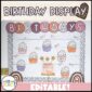 Shows the birthday board from the boho neutral classroom theme set up in a real classroom. Features cupcakes for each month and a large cake in the center of the board