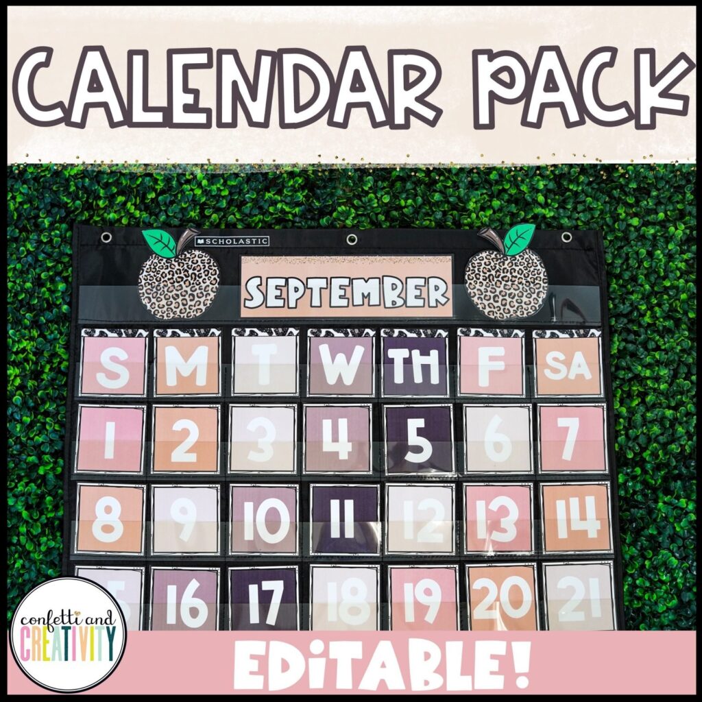 Shows the boho neutral classroom calendar set up on a green grass panel in a black pocket chart