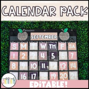 Shows the boho neutral classroom calendar set up on a green grass panel in a black pocket chart