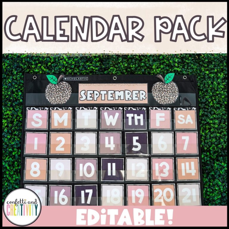 Shows the boho neutral classroom calendar set up on a green grass panel in a black pocket chart
