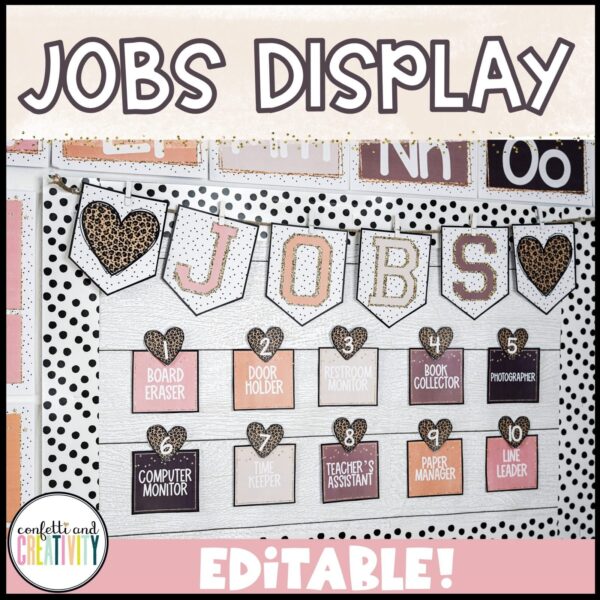 Shows the jobs display from the boho neutral classroom theme