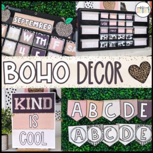 Shows multiple images from the boho neutral classroom theme set up in a real classroom with the text "boho decor" in the middle of the image