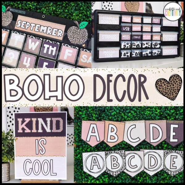 Shows multiple images from the boho neutral classroom theme set up in a real classroom with the text "boho decor" in the middle of the image