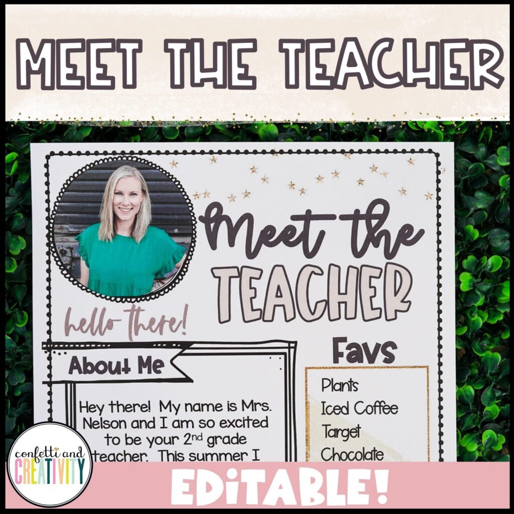 Shows the meet the teacher template filled out with Megan's photo on it. Perfect for greeting students or sending out to parents in an email