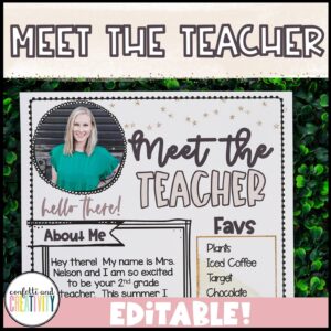 Shows the meet the teacher template filled out with Megan's photo on it. Perfect for greeting students or sending out to parents in an email
