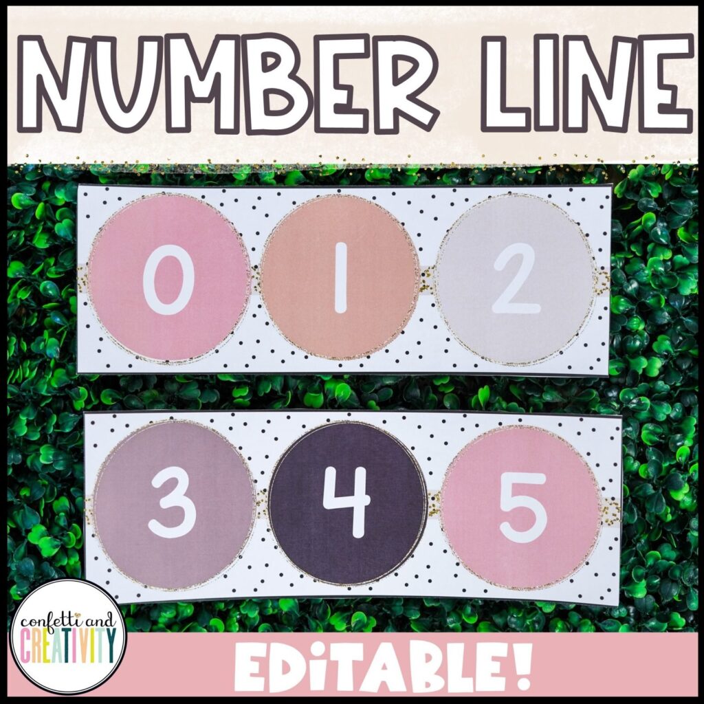 Shows the boho neutral number line 0 to 5 set up on a green grass panel. Perfect for a teacher who wants to create a neutral classroom
