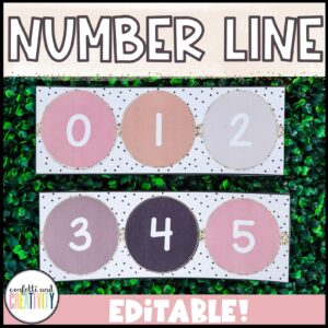 Shows the boho neutral number line 0 to 5 set up on a green grass panel. Perfect for a teacher who wants to create a neutral classroom