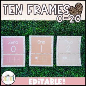 Shows three different ten frames form the boho neutral classroom theme set up on a green grass panel