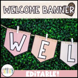 Shows the welcome banner from the boho neutral classroom theme.