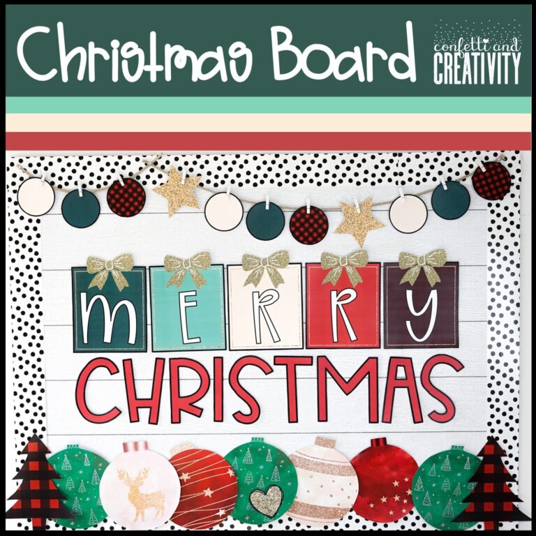 Shows a classic Christmas Bulletin Board that says "Merry Christmas" with presents and classic Christmas colors red, green, and gold. This board is perfect for a teacher to set up for her December bulletin board