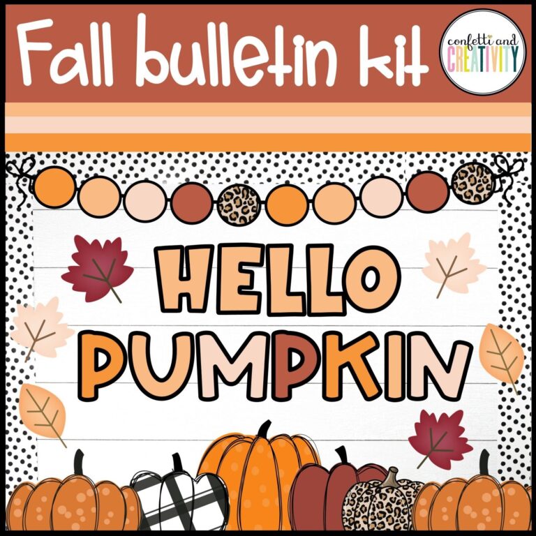 Shows the "Hello Pumpkin" fall bulletin board in fall colors. Includes oranges, browns, and leaves to set a fall. Perfect bulletin board for August or September to celebrate the Fall Season