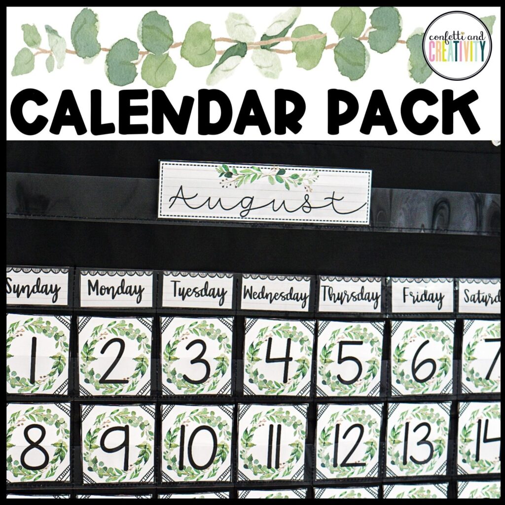 Shows the Modern Farmhouse Classroom Calendar setup for the Month of August.