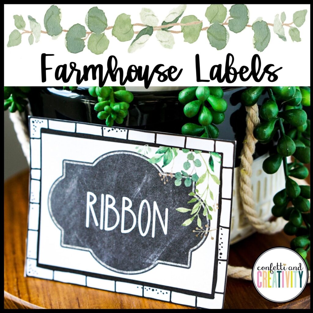 Shows an example Farmhouse Classroom label with the text "Ribbon". The labels feature eucalyptus leaves and a white farmhouse aesthetic