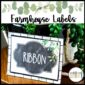 Shows an example Farmhouse Classroom label with the text "Ribbon". The labels feature eucalyptus leaves and a white farmhouse aesthetic