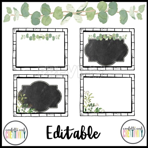 Farmhouse Classroom Labels - Example Rectangle Labels Shows four classroom labels a teacher can use to organize their classroom. Includes design options like chalkboard and eucalyptus leaves