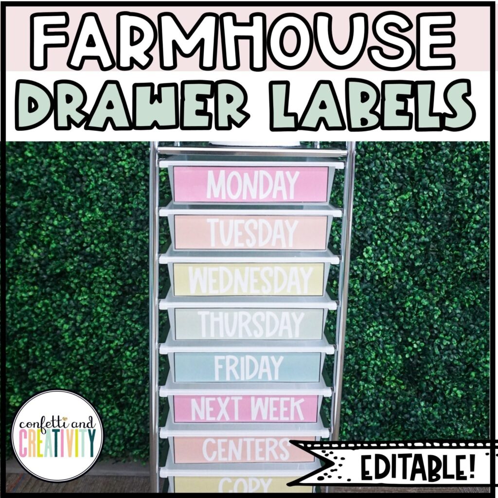 Shows a 10 drawer cart set up with the pastel colors from the floral classroom theme