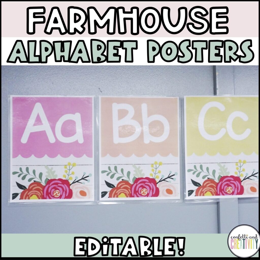 Shows example alphabet posters A-C set up on a real classroom wall