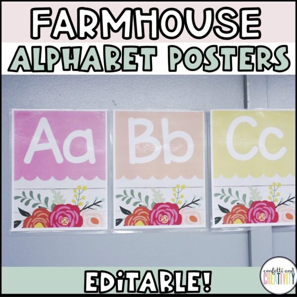 Shows example alphabet posters A-C set up on a real classroom wall