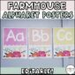 Shows example alphabet posters A-C set up on a real classroom wall