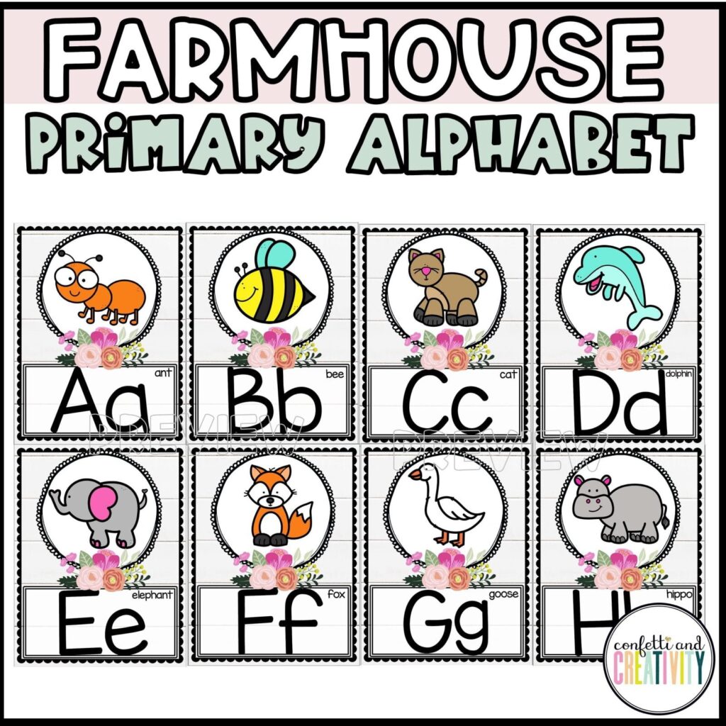 Shows example photos of the alphabet with pictures from the floral classroom theme