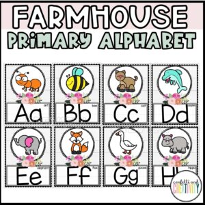 Shows example photos of the alphabet with pictures from the floral classroom theme