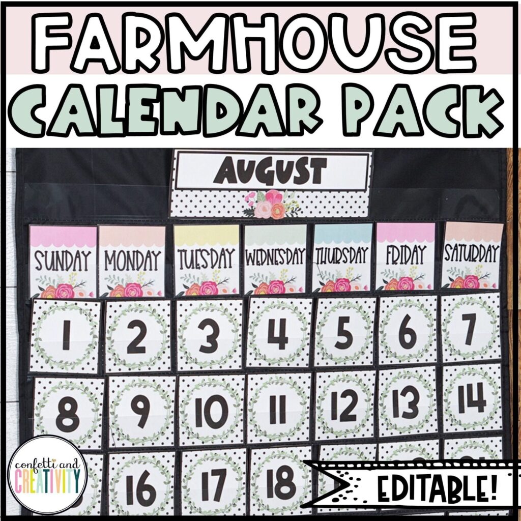 Shows the Floral Classroom Calendar setup in a black pocket chart in a real classroom