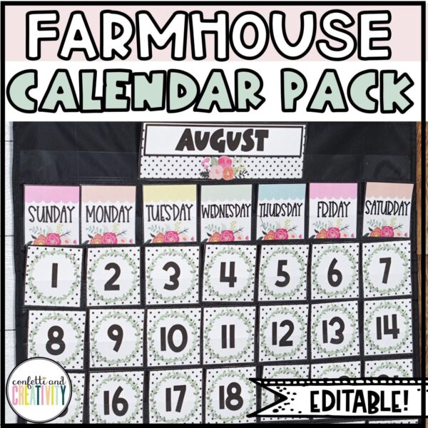 Shows the Floral Classroom Calendar setup in a black pocket chart in a real classroom
